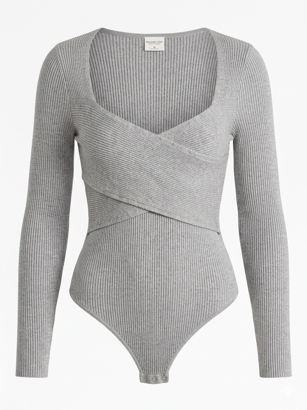 Abercrombie & Fitch Luxeloft Grey Ribbed Wrap-Front Long Sleeve Bodysuit- staple